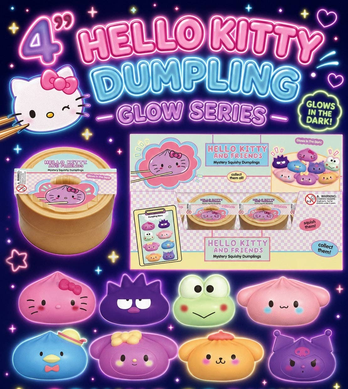 Authentic Sanrio Hello Kitty and Friends Mystery Squishy Dumpling Glow in the Dark Fidget- Preorder - October