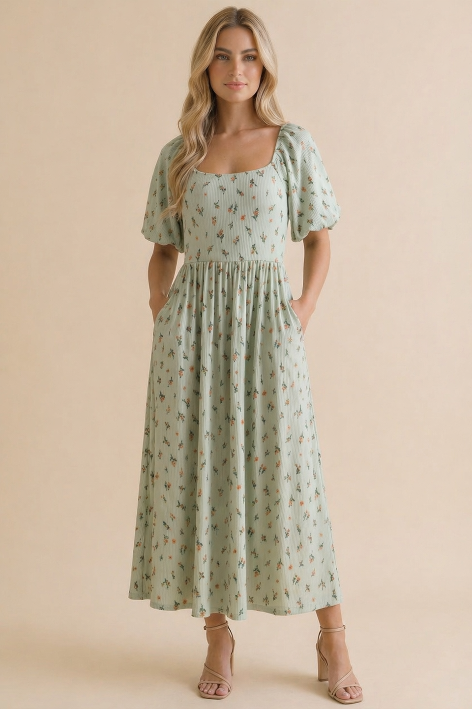 Floral Square Neck Babydoll Rib Knit Dress