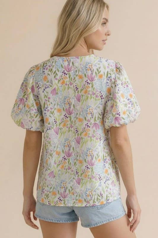 Ivory Notch Neck Puff Sleeve Floral Woven Top
