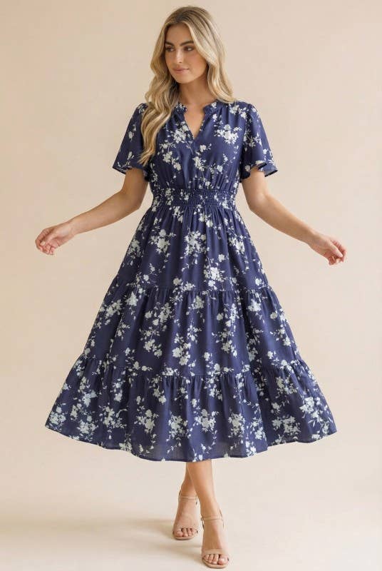 Coral Frilled Notch Neck Smocked Waist Floral Dress