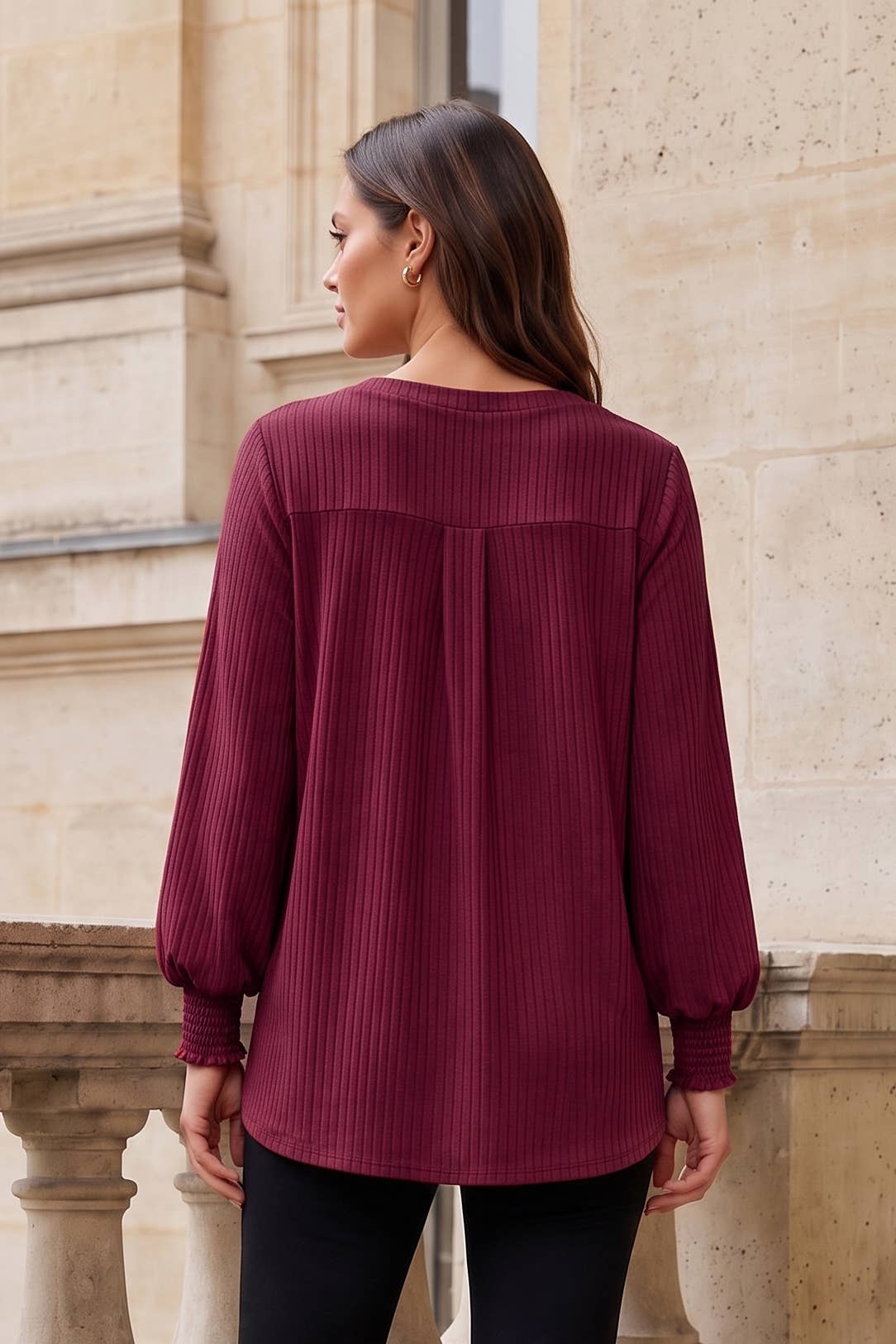 Dear Scarlett - Ribbed V-Neck Smocked Sleeve Tunic Top