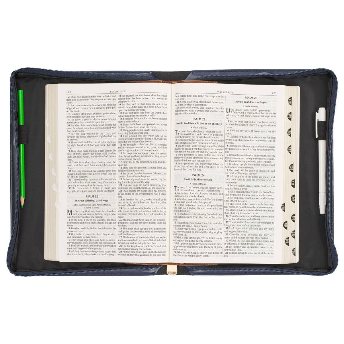 Christian Art Gifts - Bible Cover Fashion Navy Strength & Dignity Prov. 31:25
