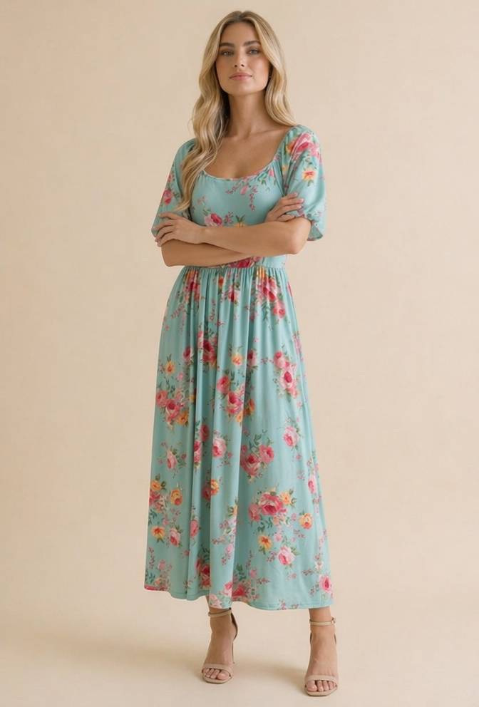 Mint Square Neck Floral Babydoll Dress
