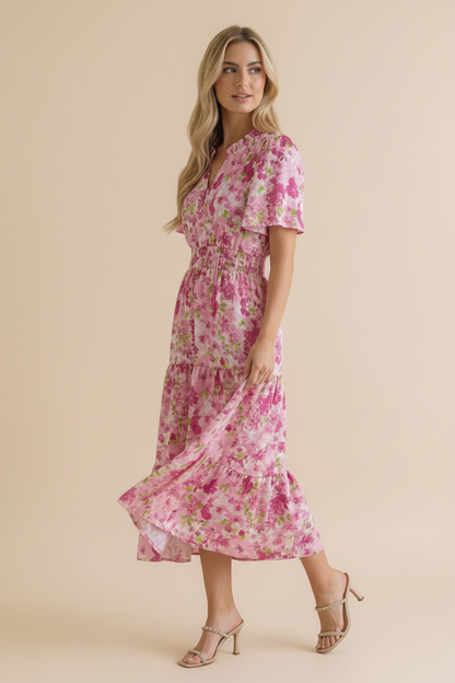 Puff Sleeve Smocked Waist Floral Maxi Dress