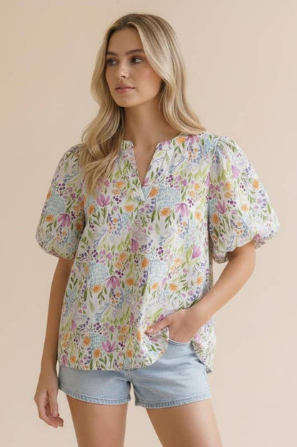Ivory Notch Neck Puff Sleeve Floral Woven Top