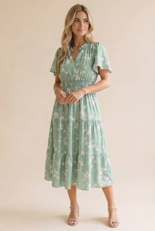 Coral Frilled Notch Neck Smocked Waist Floral Dress