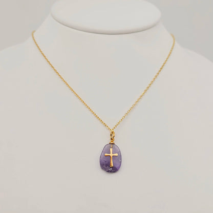 Natural Stone Stainless Steel Cross Pendant Necklace - CS