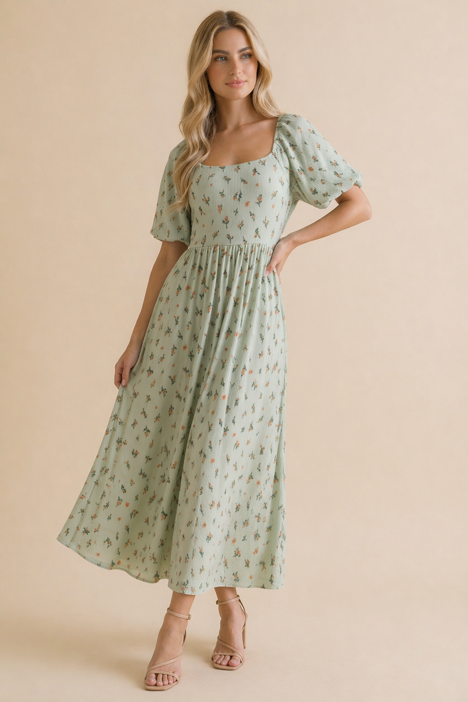 Floral Square Neck Babydoll Rib Knit Dress