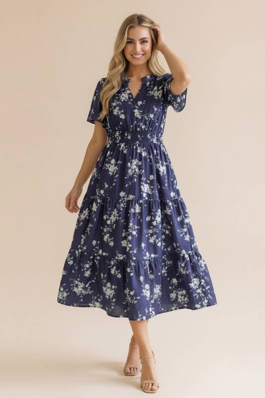 Coral Frilled Notch Neck Smocked Waist Floral Dress
