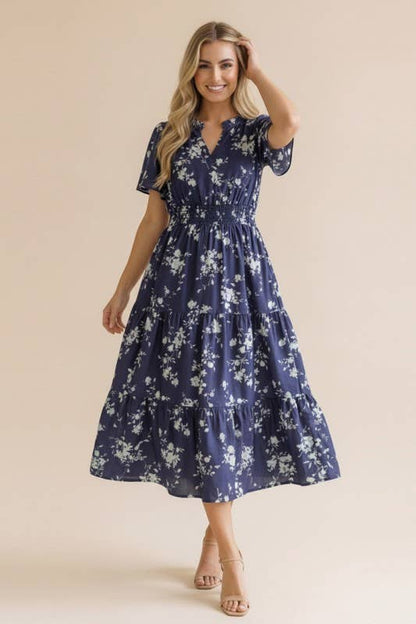Coral Frilled Notch Neck Smocked Waist Floral Dress