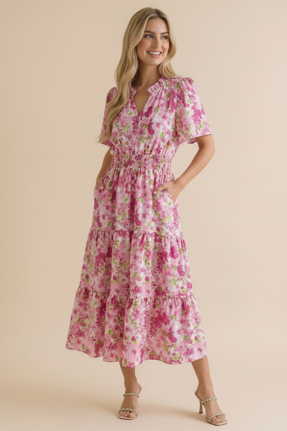 Puff Sleeve Smocked Waist Floral Maxi Dress