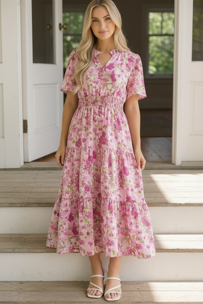 Puff Sleeve Smocked Waist Floral Maxi Dress