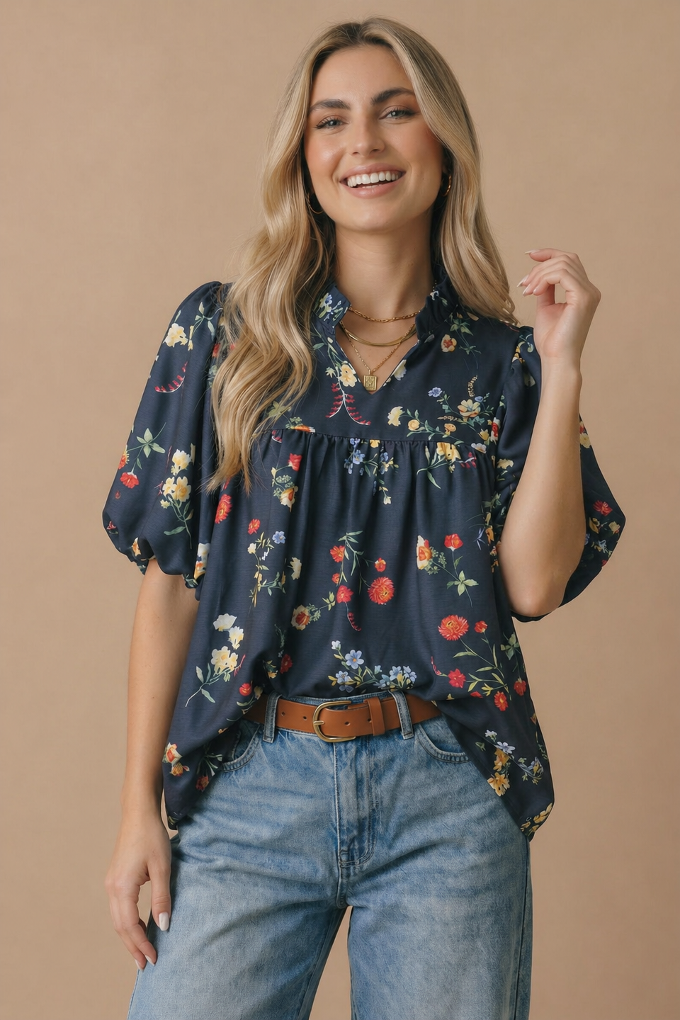 Navy Floral Notch Neck Empire Waist Top