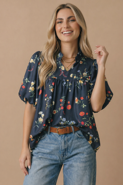 Navy Floral Notch Neck Empire Waist Top