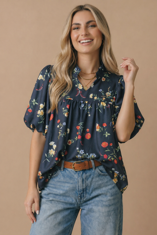 Navy Floral Notch Neck Empire Waist Top