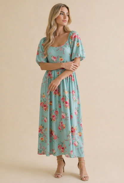 Mint Square Neck Floral Babydoll Dress