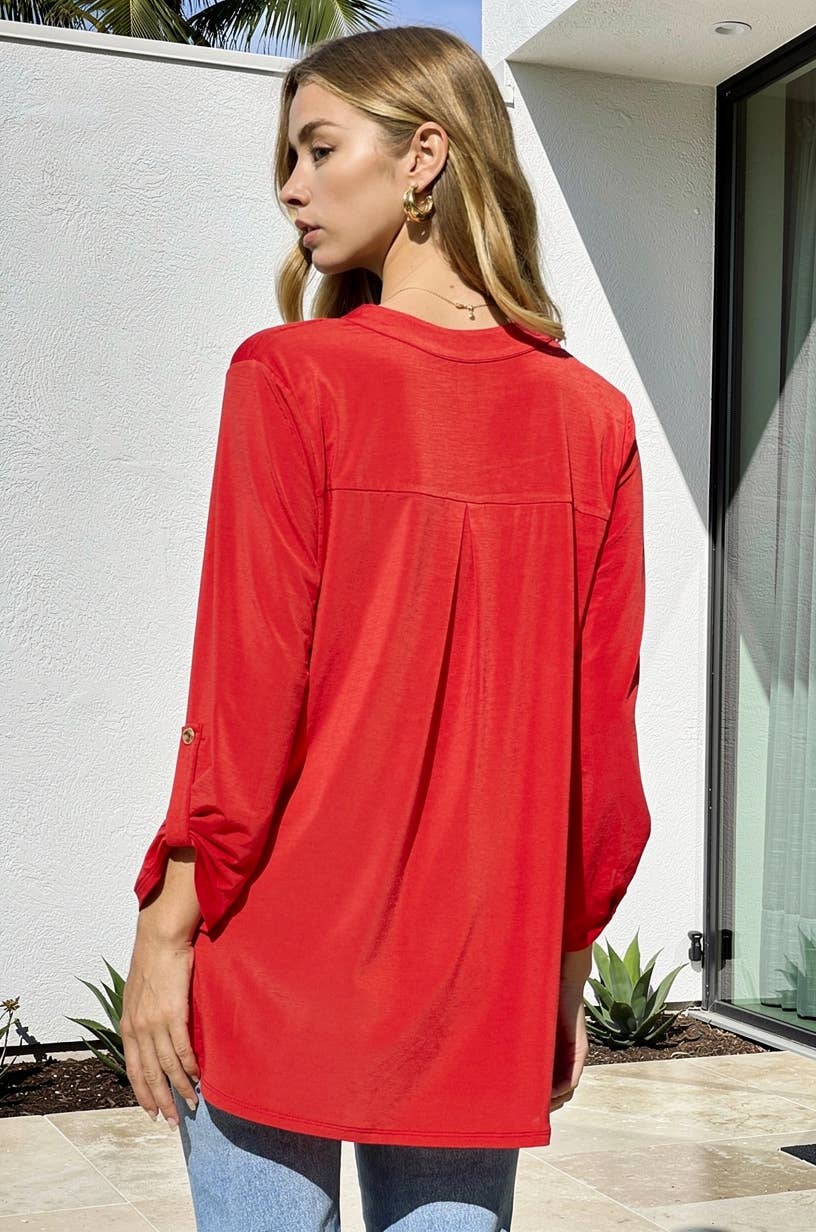 Dear Scarlett - Solid Lizzy Mandarin Collar 3/4 Sleeve Blouse