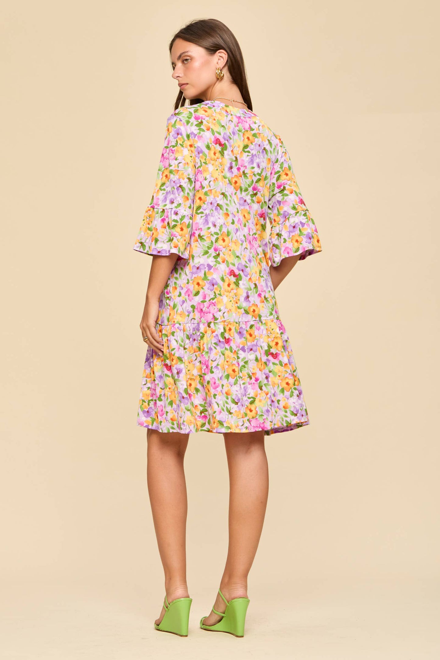 Dear Scarlett - Floral Print Shirred Tiered 3/4 Sleeve Dress