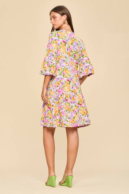 Dear Scarlett - Floral Print Shirred Tiered 3/4 Sleeve Dress