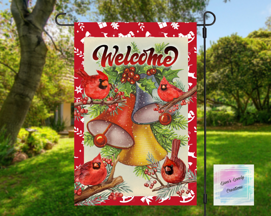 Welcome Christmas Bells And Cardinals Garden Flag