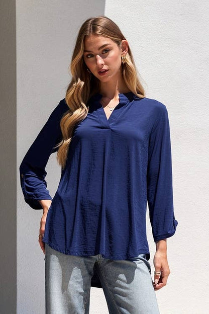 Dear Scarlett - Solid Lizzy Mandarin Collar 3/4 Sleeve Blouse
