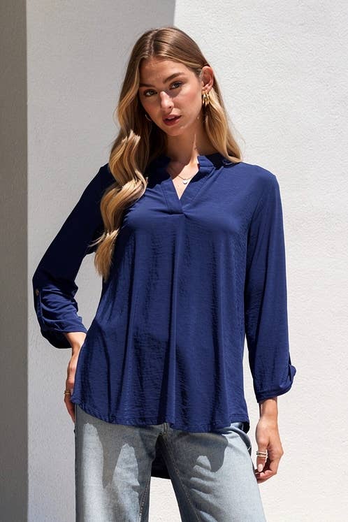 Dear Scarlett - Solid Lizzy Mandarin Collar 3/4 Sleeve Blouse
