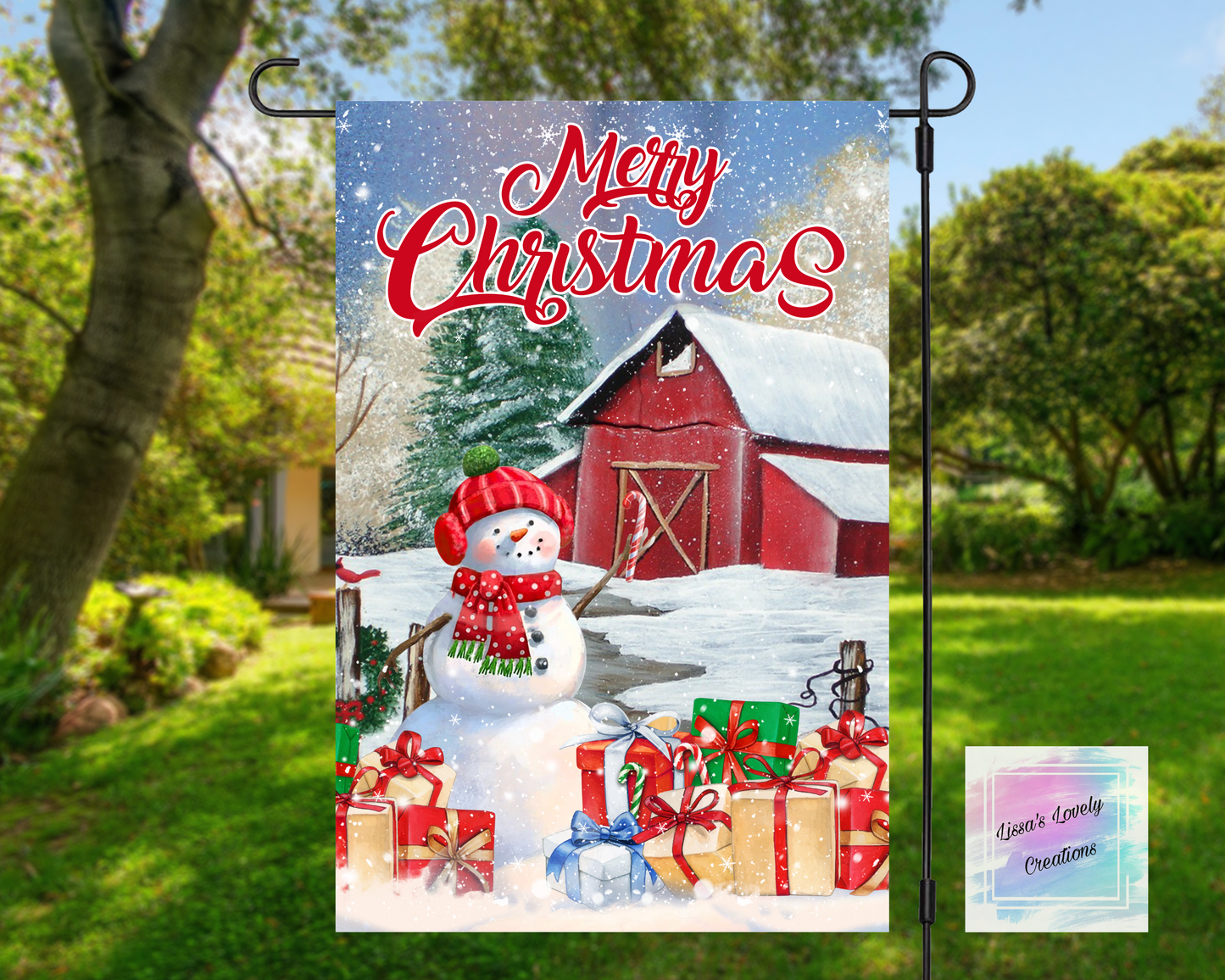 Merry Christmas Snowman and Barn Garden Flag