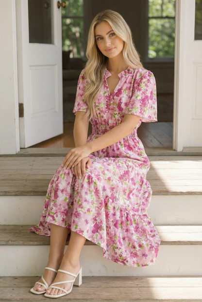 Puff Sleeve Smocked Waist Floral Maxi Dress