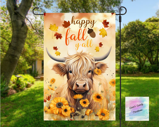 Highland Cow Happy Fall Y'all Garden Flag