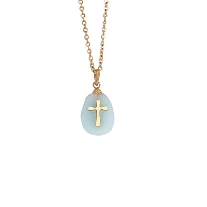 Natural Stone Stainless Steel Cross Pendant Necklace - CS