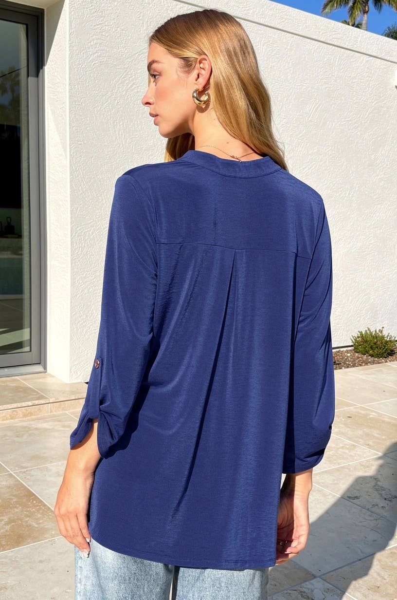 Dear Scarlett - Solid Lizzy Mandarin Collar 3/4 Sleeve Blouse