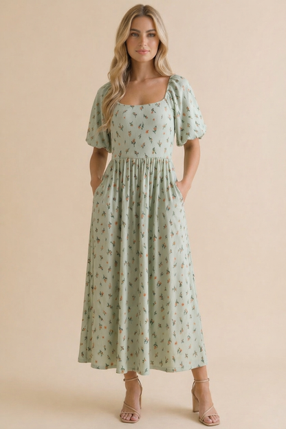 Floral Square Neck Babydoll Rib Knit Dress