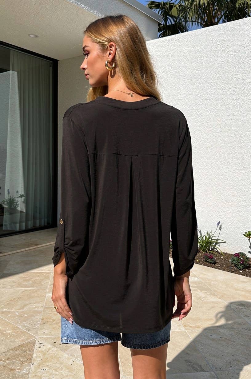 Dear Scarlett - Solid Lizzy Mandarin Collar 3/4 Sleeve Blouse