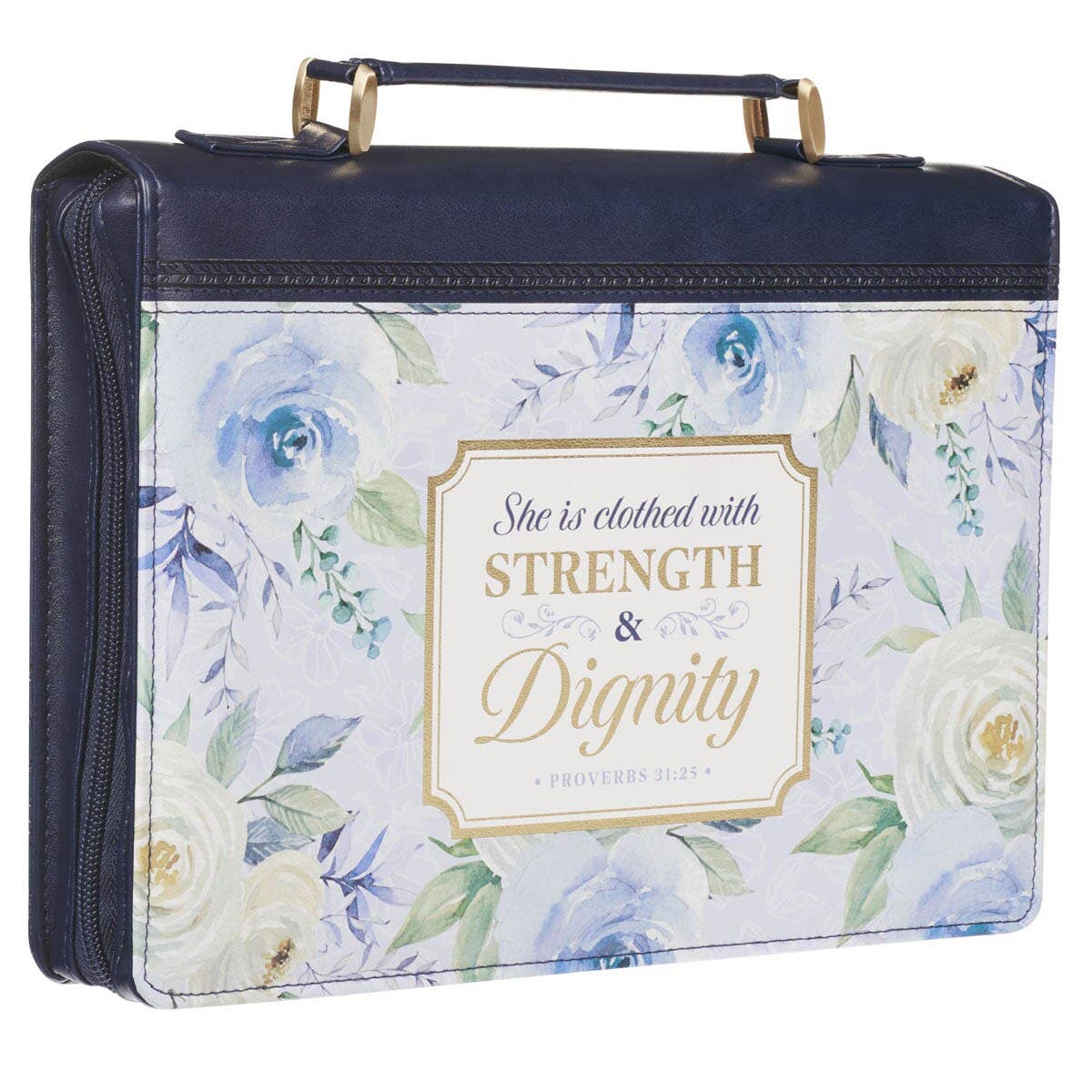 Christian Art Gifts - Bible Cover Fashion Navy Strength & Dignity Prov. 31:25