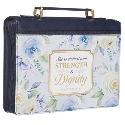 Christian Art Gifts - Bible Cover Fashion Navy Strength & Dignity Prov. 31:25