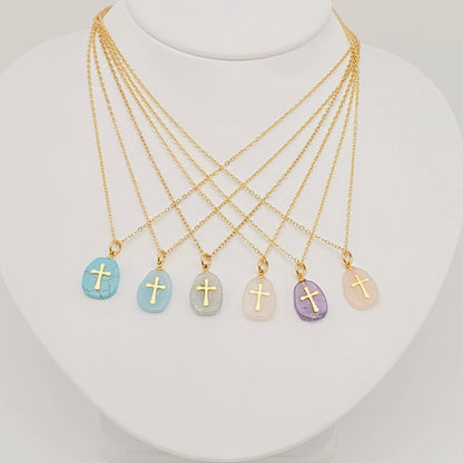 Natural Stone Stainless Steel Cross Pendant Necklace - CS