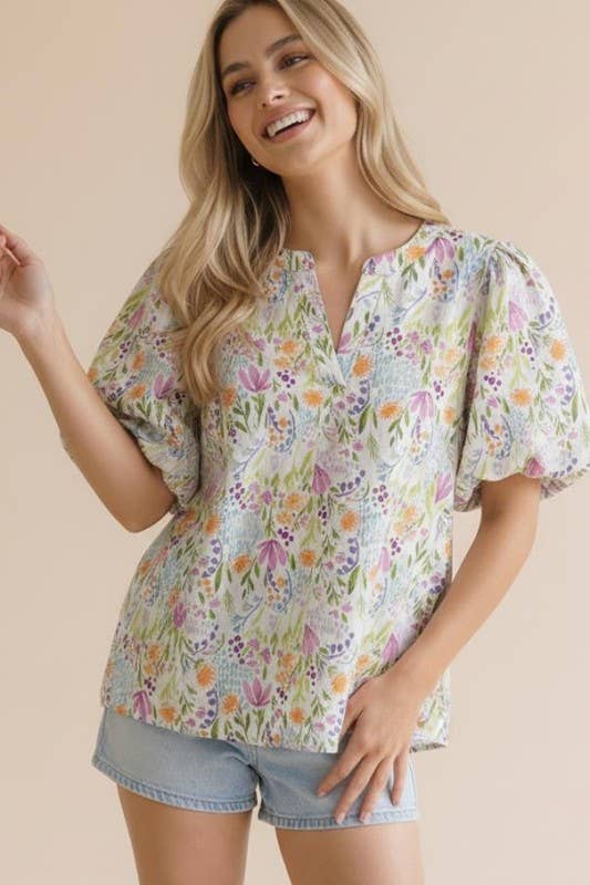 Ivory Notch Neck Puff Sleeve Floral Woven Top