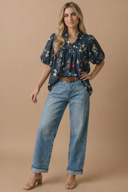 Navy Floral Notch Neck Empire Waist Top