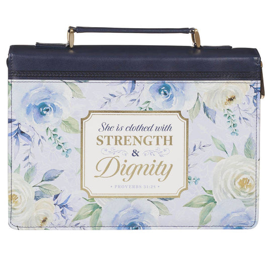 Christian Art Gifts - Bible Cover Fashion Navy Strength & Dignity Prov. 31:25