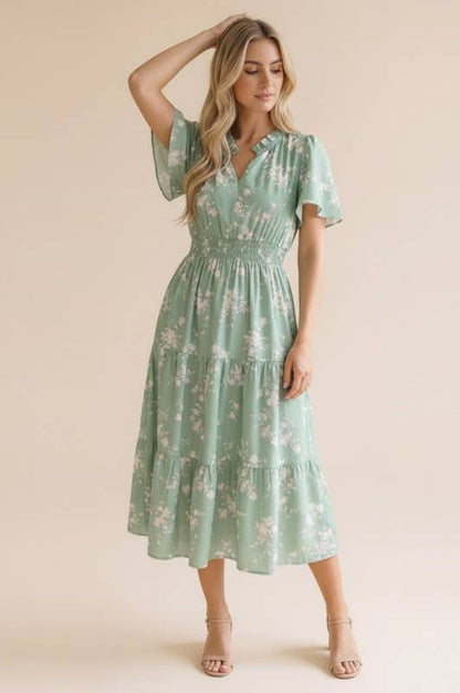 Coral Frilled Notch Neck Smocked Waist Floral Dress