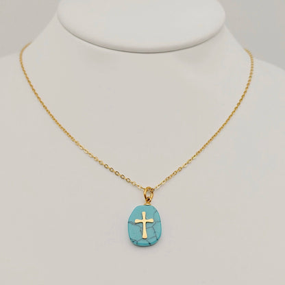 Natural Stone Stainless Steel Cross Pendant Necklace - CS