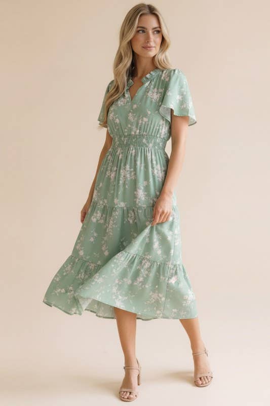 Coral Frilled Notch Neck Smocked Waist Floral Dress