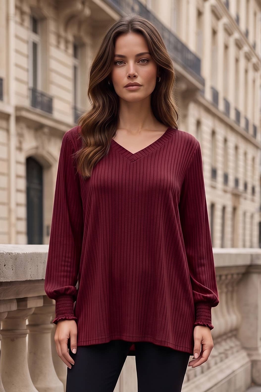Dear Scarlett - Ribbed V-Neck Smocked Sleeve Tunic Top