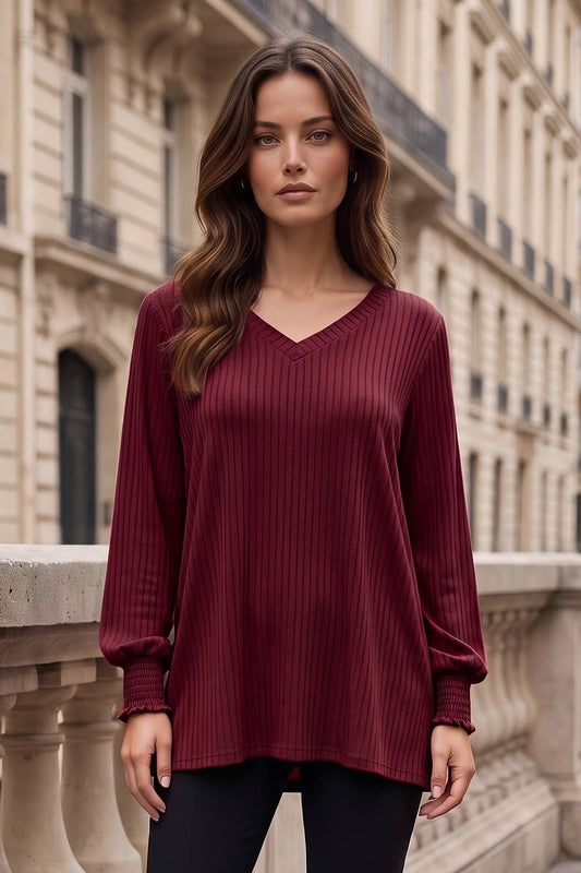 Dear Scarlett - Ribbed V-Neck Smocked Sleeve Tunic Top