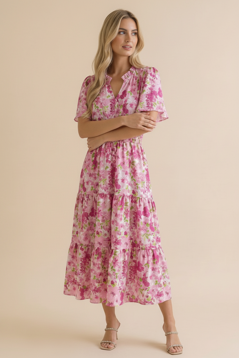 Puff Sleeve Smocked Waist Floral Maxi Dress