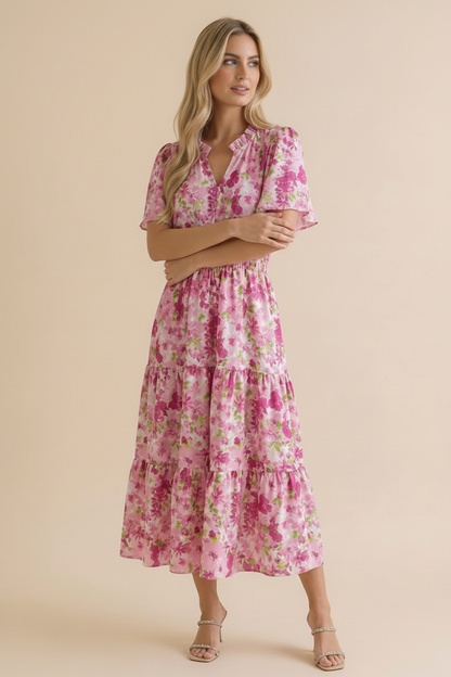 Puff Sleeve Smocked Waist Floral Maxi Dress