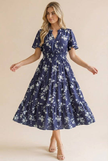 Coral Frilled Notch Neck Smocked Waist Floral Dress