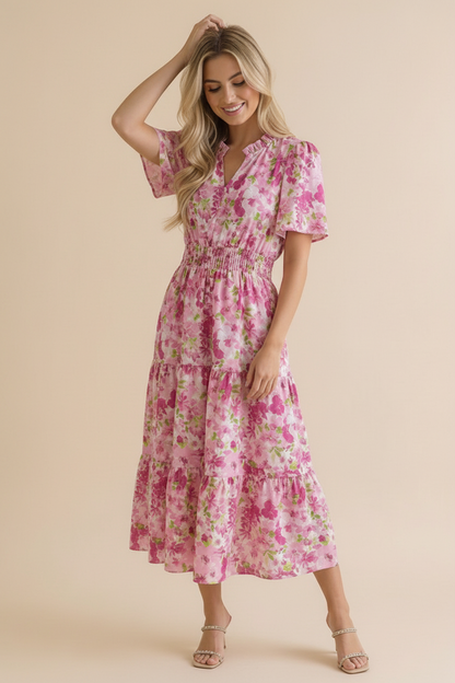 Puff Sleeve Smocked Waist Floral Maxi Dress