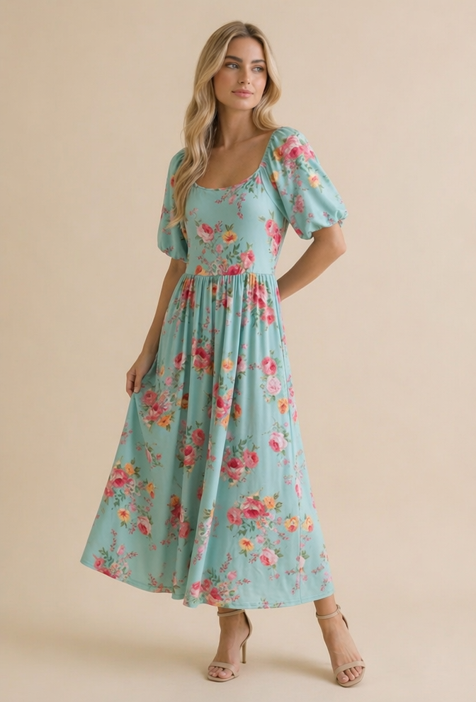 Mint Square Neck Floral Babydoll Dress