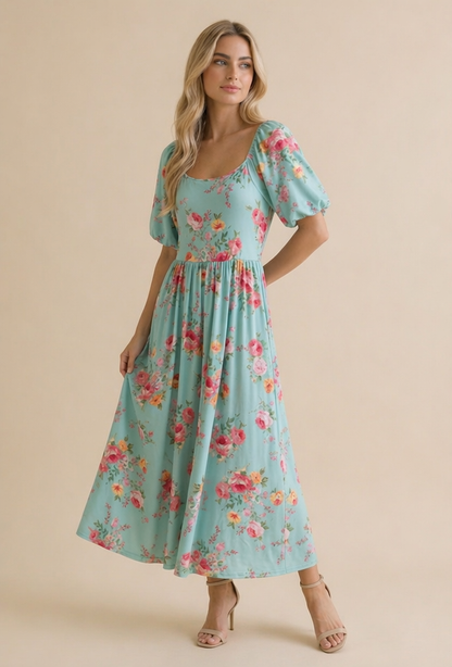 Mint Square Neck Floral Babydoll Dress
